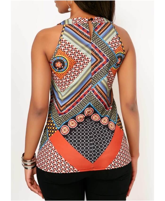 Round Neck Printed Keyhole Neckline Tank Top